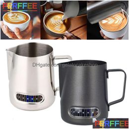 Melkkannen 350 600 ml roestvrijstalen opschuimerkan met thermometerindicator Barista Coffe Latte Art bekerkan 230715 Drop Delivery Dhbbh