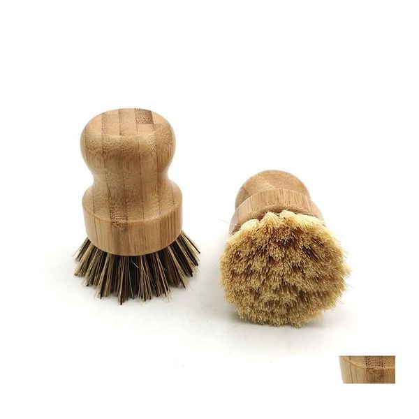 Lait à lait lavage de palmier Brosse en bois rond mini plat sompte naturel époutteur durable handle de nettoyage de nettoyage plats de cuisine kit de cuisine