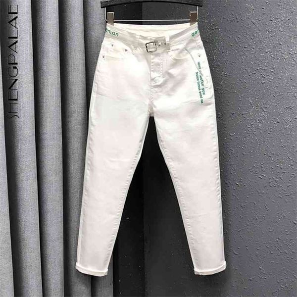 Jeans de broderie blanche de lait Femme Printemps Taille haute Slim Casual Denim Harem Pantalon Radis Femelle 5B921 210427