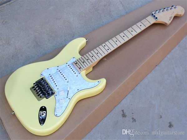 Guitarra eléctrica Milk Yellow con White Pearl Pickguard, pastillas SSS, Floyd Rose, Chrome Hardwares, que ofrece servicios personalizados