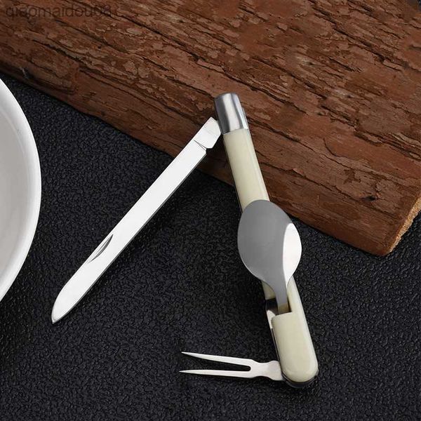 Blanco lechoso Plegable Portátil de acero inoxidable Camping Picnic Cubiertos Cuchillo Tenedor Cuchara Cubiertos Vajilla Kit de viaje Tenedor de bolsillo L230704