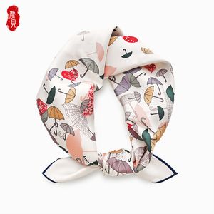 Écharpe en sergé blanc laiteux femmes parapluie imprimé 100% foulards en soie véritable 65cm carré moyen bandana wrap cadeau pour filles dame