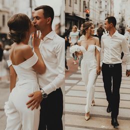 Strand land jumpsuits trouwjurken 2021 bohemien off shoulder goedkope boho trouwjurk bruidsjurk gewaad de Mariée vestidos de novia