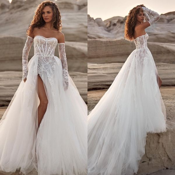 Milla Nova Bohême Une ligne robes de mariée pour la mariée chérie manches en dentelle robe de mariée dos nu Split designer robes de mariée balayage train