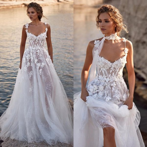 Milla Nova Boho Une Ligne Robes De Mariée pour la mariée Fleur Spaghetti Robe De Mariée À Lacets Dos Appliques Dentelle Robes De Mariée Designer