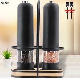 Mills Electric Pepper Mill Automatische zoutpepermolen met LED -licht Verstelbare grofheid voor kruiden keukengerei en gadgets 220827