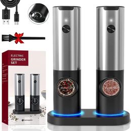 Mills Electric Salt and Pepper Grinder Set Mill USB Recargable Ajustable Aspereza Especias con luz LED Herramienta de cocina 231026