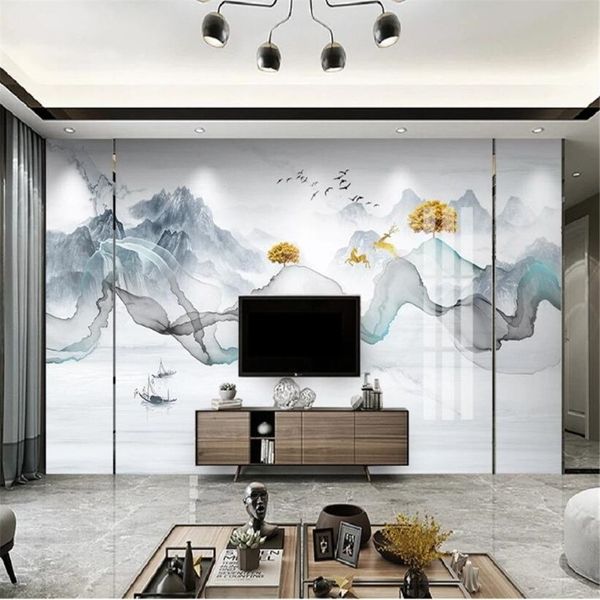 Milofi personnalisé 3D grand papier peint mural style chinois peint à la main lignes abstraites paysage Zen fond wall247t