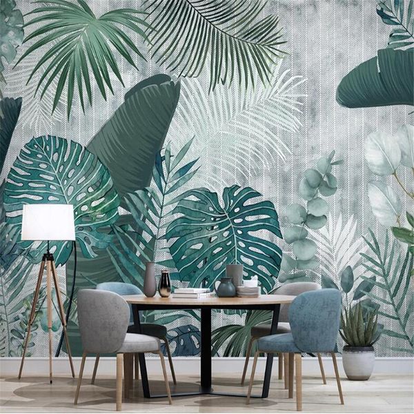 Papier peint intissé Milofi plantes tropicales peintes à la main nordiques feuilles fond de télévision minimaliste moderne papier peint peinture murale