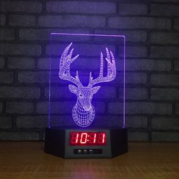 Milu Deer Clock 3D Illusion Night Lights LED 7 Color Change Desk Lamp Home Decor # R42