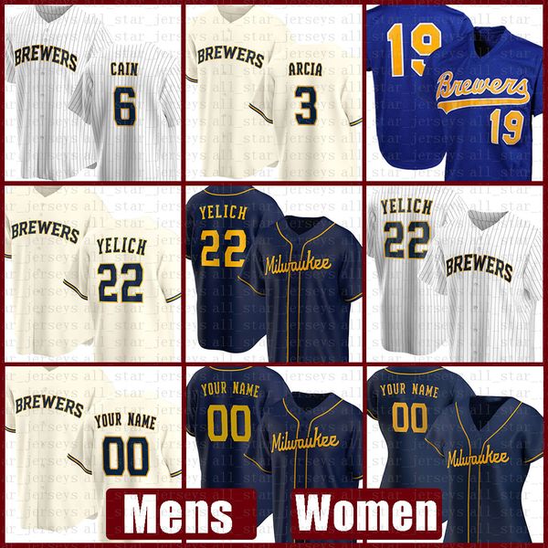 Milwaukee Mens Brewers Women Baseball Jersey 22 Christian Yelich Custom 19 Robin Yount 6 Lorenzo Cain 8 Ryan Braun 4 Paul Molitor