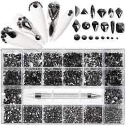 Mine noir fantaisie cristal ongles strass luxe ongles pièces pierres précieuses 3D Flatback en forme de diamants verre Nail Art décorations 240122