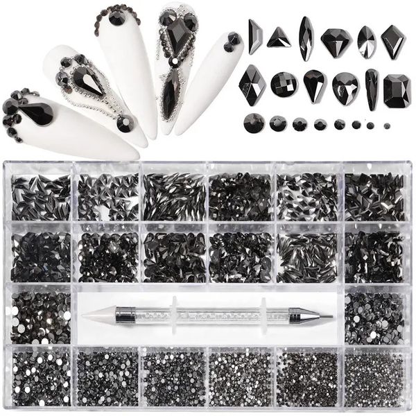 Mine Black Fancy Crystal Nail Rhinestones Piezas de uñas de lujo Gemas Piedras 3D Flatback Diamantes en forma de vidrio Nail Art Decoraciones 240301