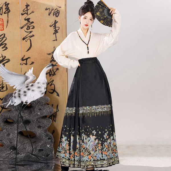 Dinastía Ming Nueva falda con cara de caballo chino Conjunto para mujer Tejido Maquillaje dorado Flor Vestido de novia rojo negro Estilo otoñal Hanfu Desplazamientos diarios