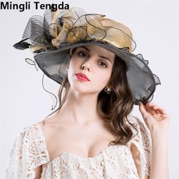 Mingli Tengda Chapeaux de mariage formels élégants de haute qualité pour femmes Chapeaux nuptiles Organza avec fleur grand chapeau de plage Chapeau de Mariage 2018 Nouveau