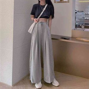 MINGLIUSILI Style coréen jambe large pantalon femmes été mode gris pantalons de survêtement taille haute lâche décontracté solide Joggers 210915