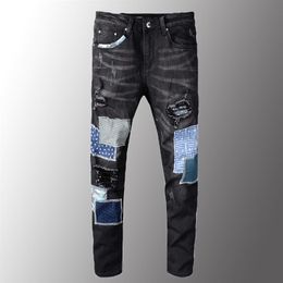Minglu-pantalones vaqueros rasgados de retales negros para hombre, ropa de calle, diseño de parche, pantalones vaqueros elásticos, ajustados, 258a