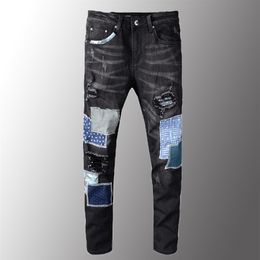 Minglu-pantalones vaqueros rasgados de retales negros para hombre, ropa de calle, diseño de parche, pantalones vaqueros elásticos, ajustados, 330y