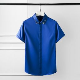Minglu hommes chemises de luxe crâne Rivet couleur unie à manches courtes hommes chemises habillées grande taille 4xl fête boîte de nuit chemise mince homme