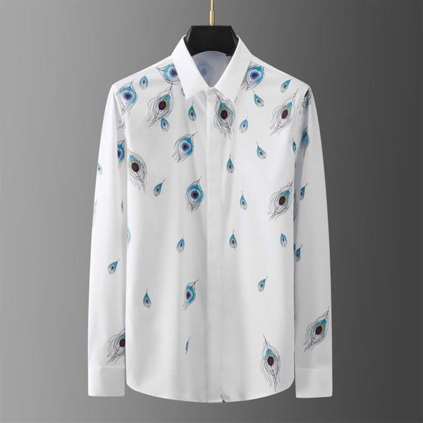 Minglu-camisas con estampado Digital de plumas de pavo real para hombre, vestido informal de manga larga de lujo, vestido ajustado a la moda para fiesta para hombre 171A