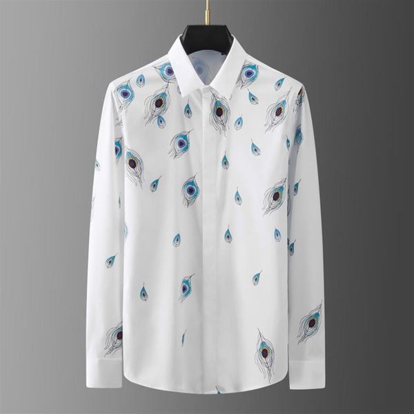 Minglu-camisas con estampado Digital de plumas de pavo real para hombre, vestido informal de manga larga de lujo, vestido ajustado a la moda para fiesta para hombre 218h