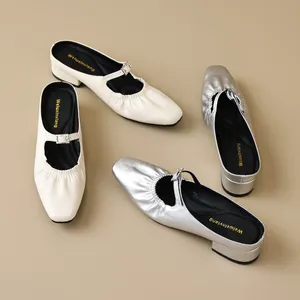 Mingman Womens Shoes Sandals 958-2 French Square Toe Malf Panters pour les vêtements d'extérieur d'été pour femmes avec une ligne droite et un bandeau en argent plissé