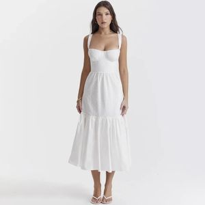 Mingmingxi Robe d'été pour femmes de haute qualité Linen-coton mélange jacquard robe élégante sexy glissade blanche robe de vacances midi 240320