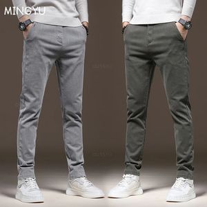 MINGYU marque classique travail Stretch Cargo pantalon hommes coton coupe ajustée gris vert corée automne hiver épais pantalon décontracté mâle 240129