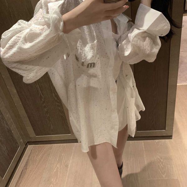 Mingyuan industria pesada diamante caliente camisa casual abrigo mujer verano ligeramente transparente seda fresco hada cielo completo estrella protector solar ropa 2024