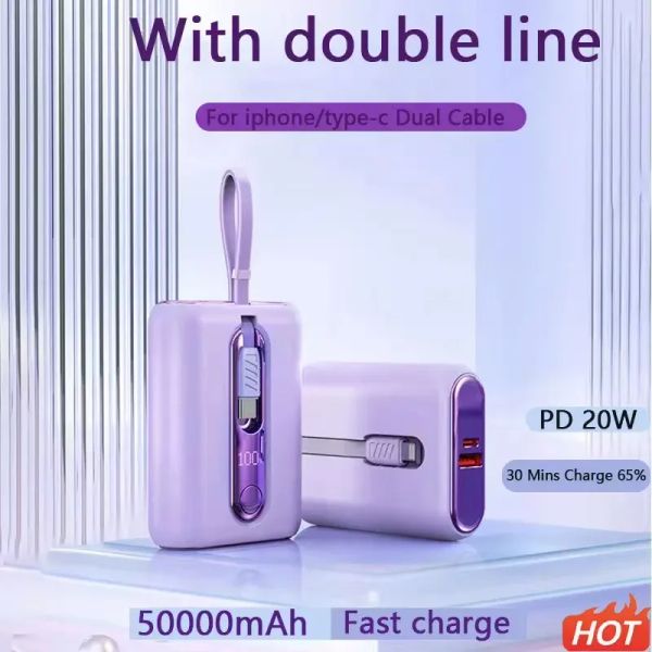Mini 22.5W Power Bank Cargo rápido PowerBank con Type-C para iPhone Cable 50000mAh PD QC3.0 Cargador para Samsung Xiaomi