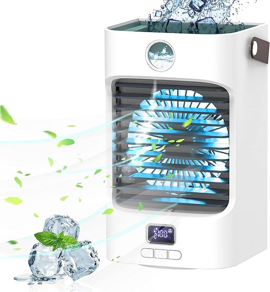 mini refroidisseur d'air, climatiseur, refroidisseur d'air 4 en 1 avec fonction rotative à 120°, ventilateur avec refroidissement par eau, humidificateur avec réservoir d'eau, 3 niveaux, LED RGB