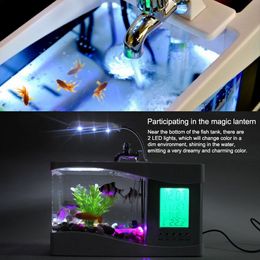 Mini Aquarium Vistank met LED -lamp Licht Penhouder USB Aquarium Betta Fish Tanks LCD Display Screen en Clock Aquario