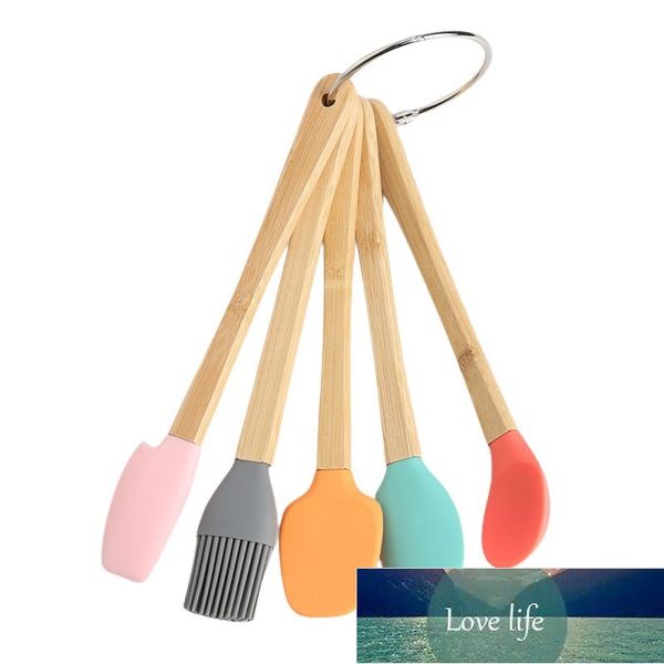 Mini outil de cuisson, ensemble de 5 pièces de cuisine en Silicone avec manche en bois pour enfants (anneau de boucle de boîte de couleur), fer en bambou et Silicone