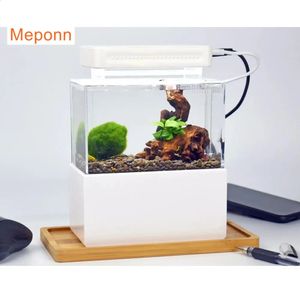 Mini Betta Fish Tank Acuario Decoraciones de escritorio Marine Aquaponic Fish Bowl con agua Fliter USB Bomba de aire Luz LED 240314