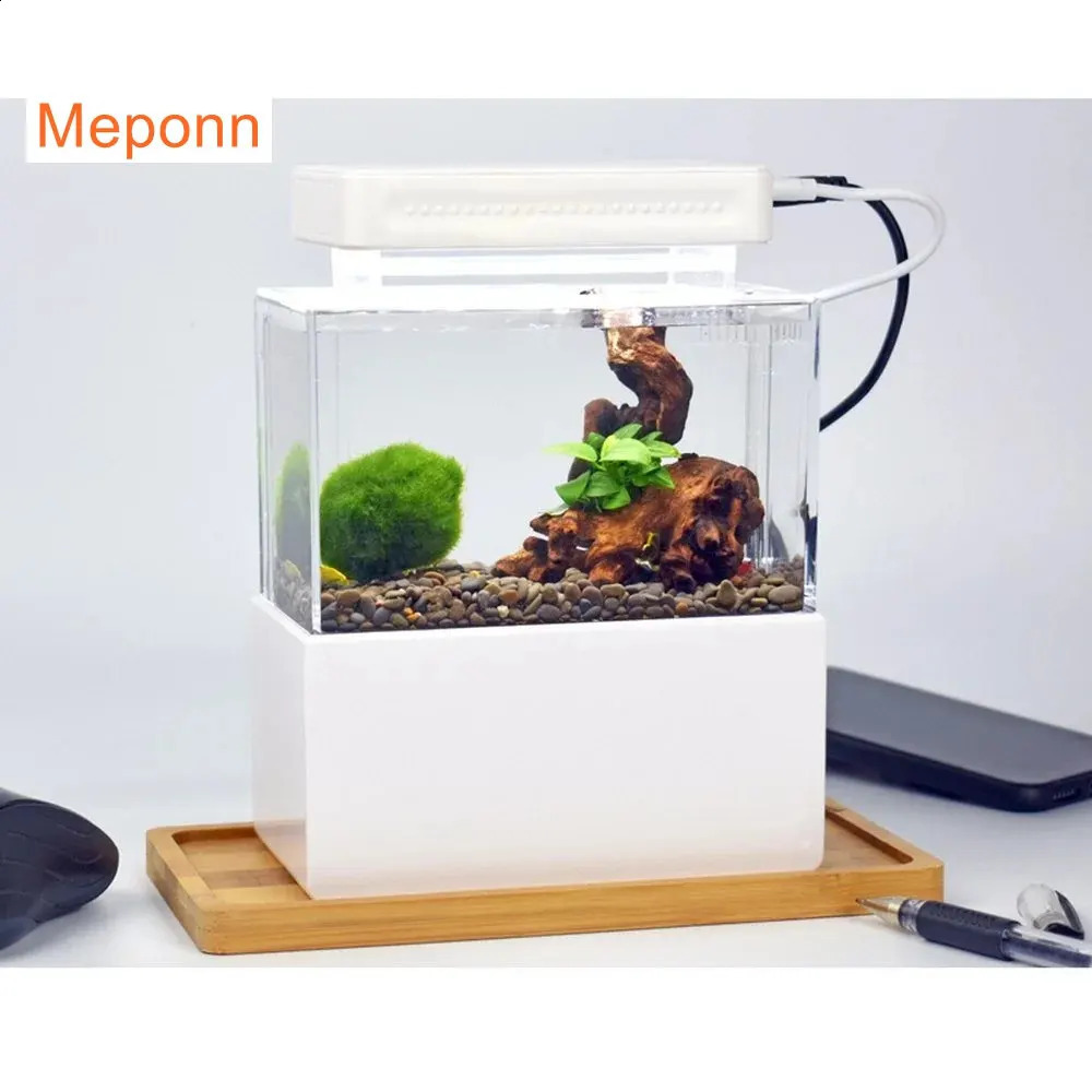Mini Betta Fish Tank Aquarium Desktop Decorations Marine Aquaponic Fishes Bowl With Water FLITER USB AIR PUMP LED LIGHT 240314