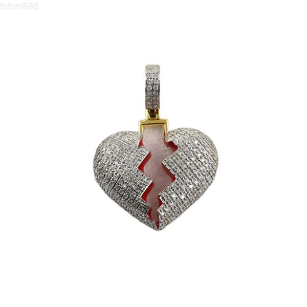 Mini cœur brisé entièrement glacé d Vvs, coupe ronde, diamant Moissanite rappeur Hip Hop, pendentif à breloque fait à la main pour hommes et femmes