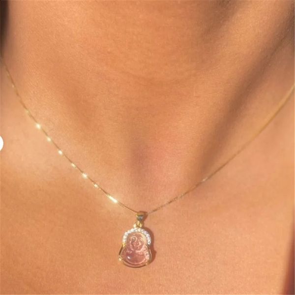 Mini collier bouddha, petit cristal rose, bijoux Maitreya, amulette de Style chinois, pierre de Quartz claire, charme bouddhiste 240202