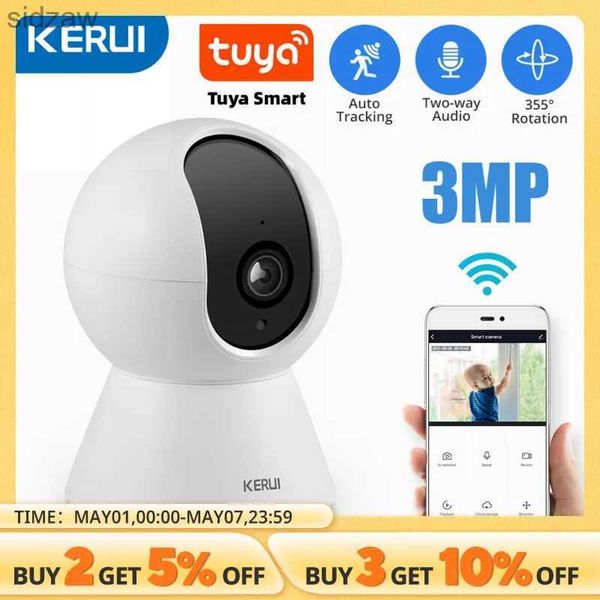 Mini caméras kerui 3mp tuya intelligent mini wifi ip caméra intérieure sans fil de sécurité intérieure AI de détection de corps humain CCTV Monitoring Camera Tracking WX