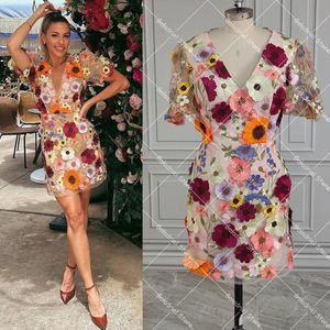 Mini Color 3D Flower Embroidery Back to School Dress Customized Lace Short Fluffy Sheeves afstuderen Flower Party Evening Jurk 240523