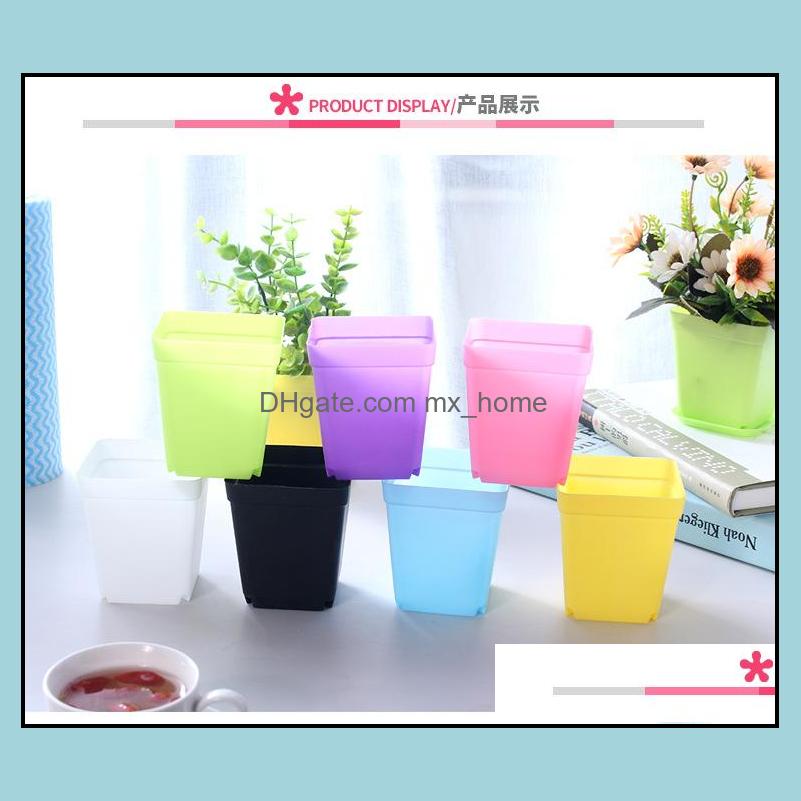 Mini Colorf Blumentöpfe Kunststoff Desktop Topfpflanzen Succents Topf mit Tablett Quadrat Bonbonfarben Pflanzgefäße Garten Home Drop Lieferung 2021 S