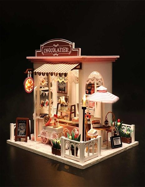 Mini casa de muñecas, kits de ensamblaje, juguete para niños, casa de muñecas de madera hecha a mano, modelo de simulación, muebles de casa de chocolate, juguete con luz LED 25129669