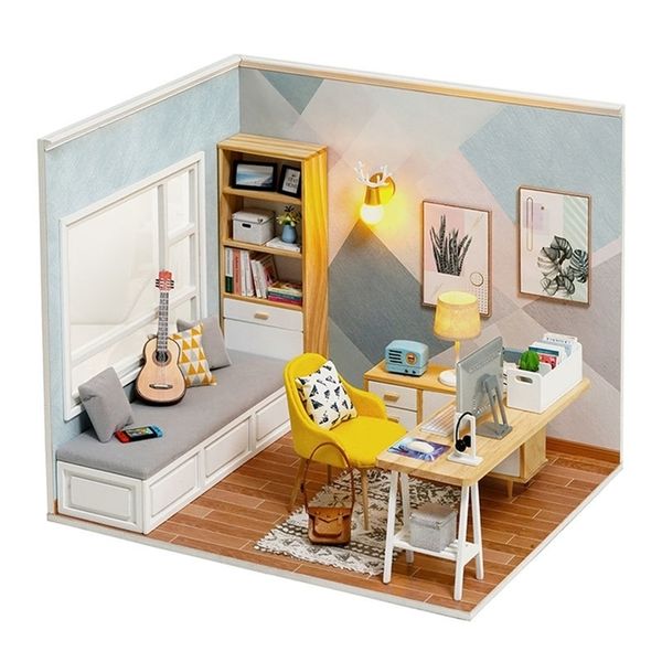 Mini casa de muñecas Casa cubierta de polvo gratis Diy Casa de muñecas de madera Miniaturas Kit Casa de muñecas Muebles Accesorios Juguetes para niños Regalo LJ201126