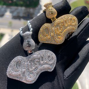 Mini Dollar Geldzak met Cursieve Hustle Letter Charm Hanger Ketting met touwketting Hiphop Dames Heren Volledig verhard 5A Zirkonia Baas Mannen Geschenksieraden