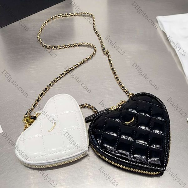 Mini doble corazón cremallero monedero bolso bolso patente de cuero negro blancos matelasse cadena de bolsillo de hombro de cuerpo cruzado hardware de metal de oro de oro 14 cm