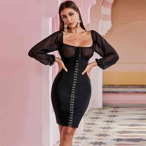 Mini robe femmes sexy bandage bodycon fête stretch club manches longues été 210515