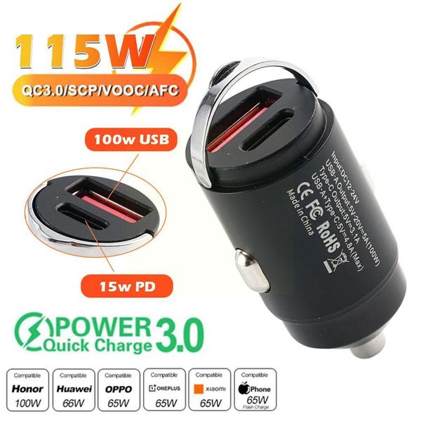 Mini Fast Car Charger PD 115W CHARGEUR SUPER FAST FAST INVISIBLE plus léger 1 Adaptateur Cigarette USB Charger Power Interface Tow 2 S X7G0