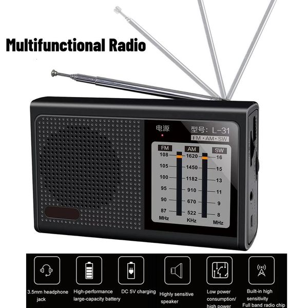 Mini antenne télescopique radio FM/AM/SW bande pleine onde multifonctionnelle radio rechargeable USB haut-parleur intégré pour intérieur extérieur 240102