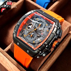 MINI FOCUS chronograaf quartz horloge voor heren Tonneau wijzerplaat militair sporthorloge met oranje siliconen band automatische datum 0399