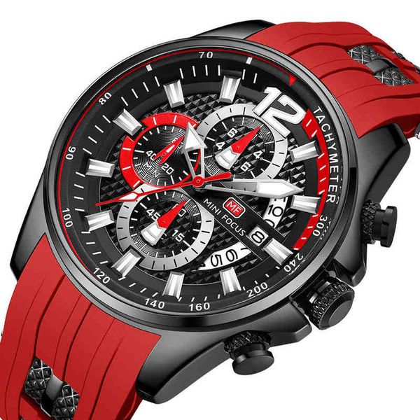 MINI FOCUS Mode Hommes Montres Top Marque De Luxe Quartz Étanche Sport Horloge Montre-Bracelet Relogio Masculino Rouge Bracelet En Silicone 211222