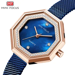 Mini Focus Fashion Womens Watch Exquisito Shell con Diamond Fritillaria Literal de malla de acero impermeable 0304L